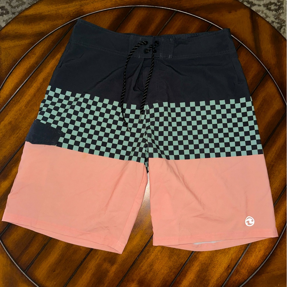 Ocean Current Teal and Pink Checkered Board Shorts